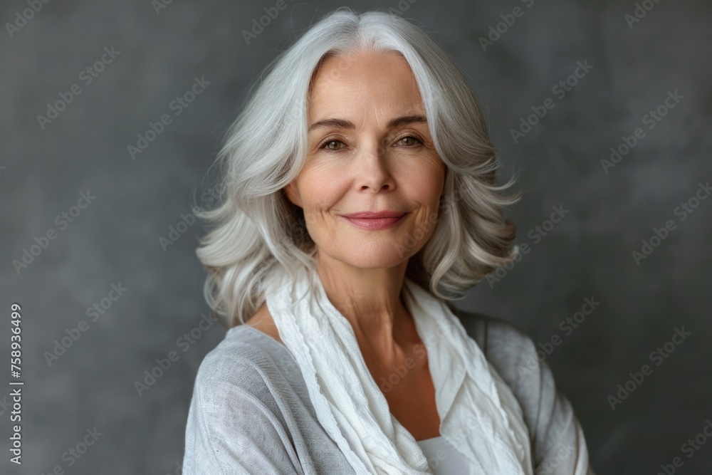 A woman with white hair wearing a scarf. Suitable for fashion or winter themes A woman with white hair wearing a scarf. Suitable for fashion or winter themes