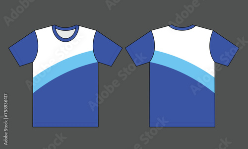 White-blue short-sleeves t-shirt design on a gray background. Front and back views, vector file.