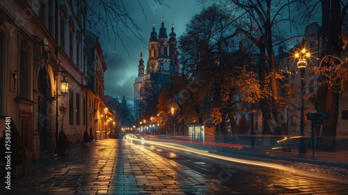 City street at night with clock tower, suitable for urban concepts © Ева Поликарпова