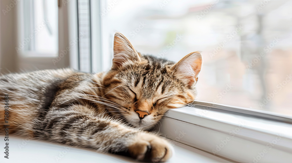 A cat peacefully napping on a window sill next to an open window, bathed in sunlight