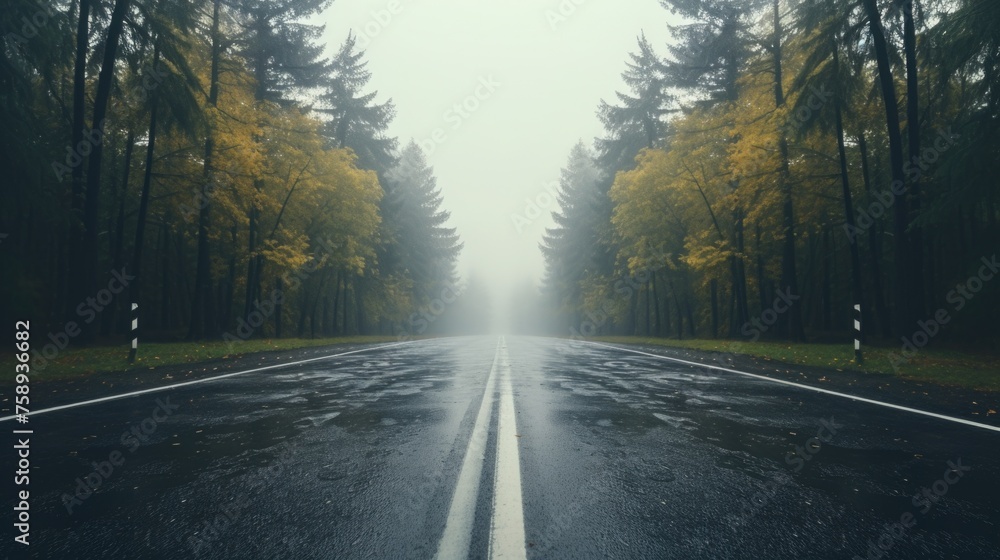 Fototapeta premium A wet road with trees in the background. Suitable for transportation or nature themes