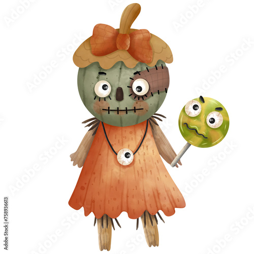Foto Watercolor hand drawn cartoon image of a pumpkin ghost holding a devilish lollipop during Halloween