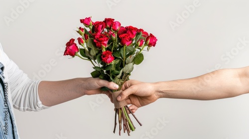 a woman giving a man a manly valentine bouquet, white background 