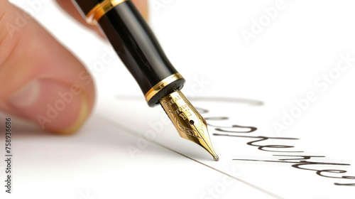 A person is writing signature on a piece of paper using a fountain pen in this straightforward and traditional scene
