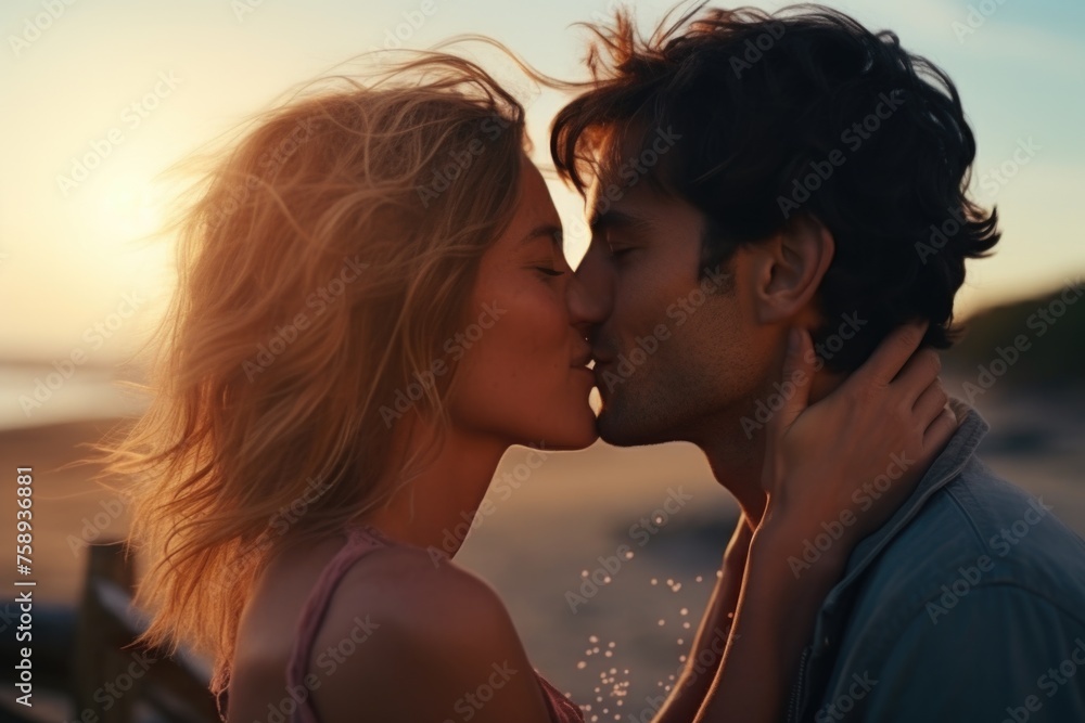 Romantic scene of a couple kissing on the beach, perfect for love and relationship concepts Romantic scene of a couple kissing on the beach, perfect for love and relationship concepts