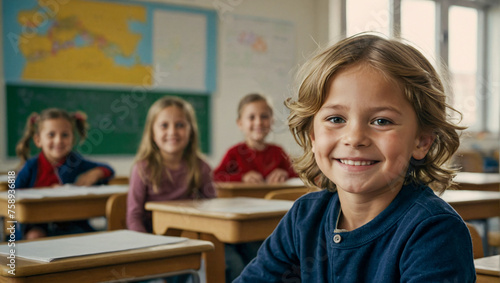 Portrait of a smiling child sitting in a chair inside a classroom