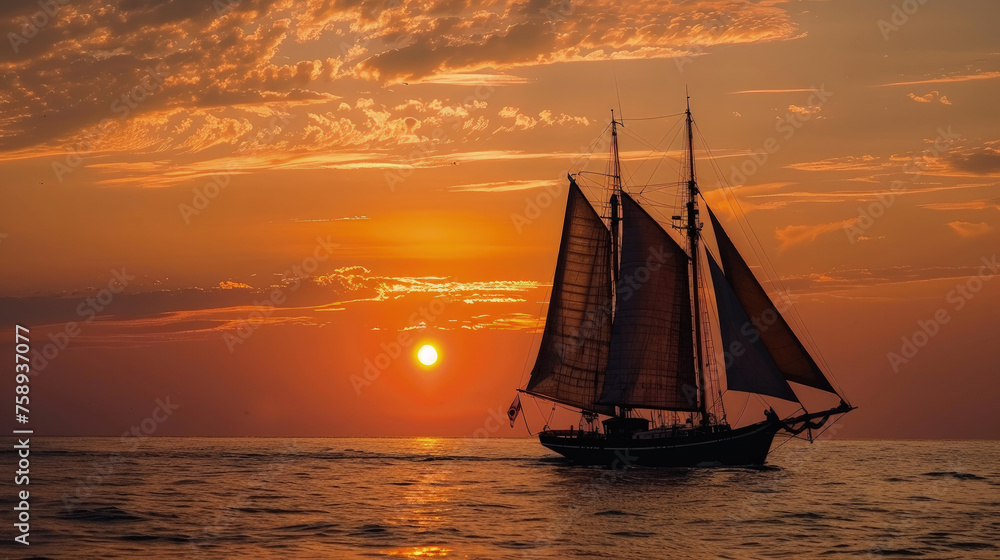 A sailboat glides across the ocean waters as the sun sets, casting a warm glow on the horizon