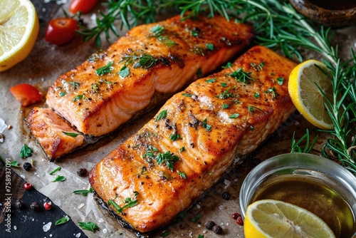 Tasty and fresh cooked salmon fish fillet with lemon and rosemary