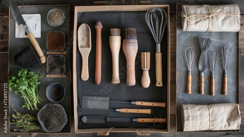Various kitchen utensils neatly organized in a box, including spatulas, ladles, whisks, and tongs photo