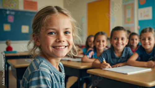 Portrait of a smiling child sitting in a chair inside a classroom