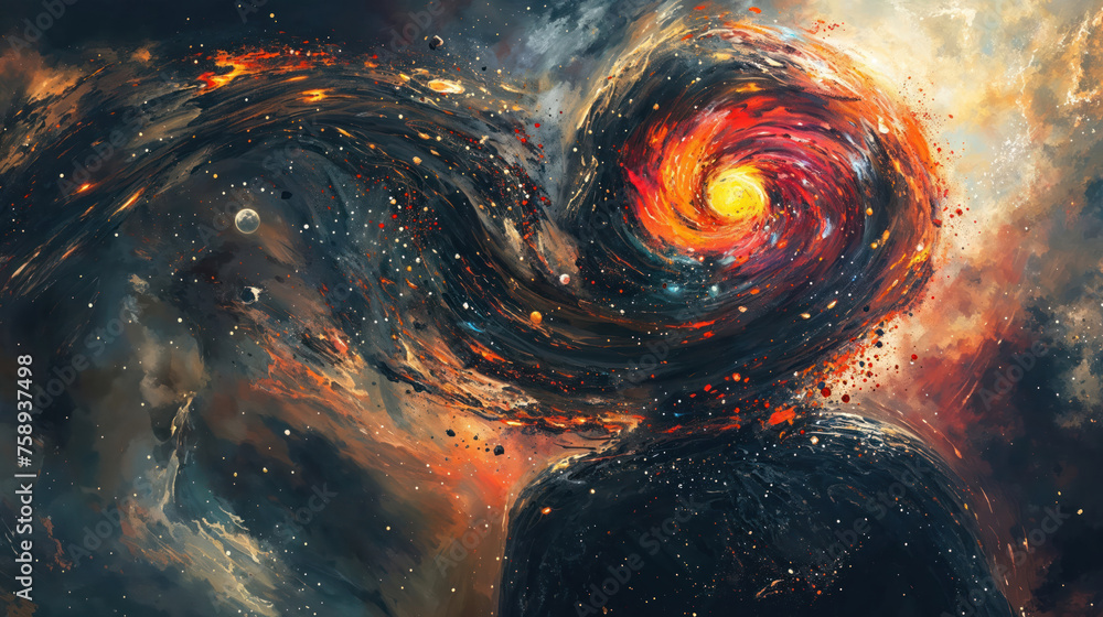Fototapeta premium This striking image artfully combines a spiral galaxy with a blazing starry background, evoking a sense of motion and space