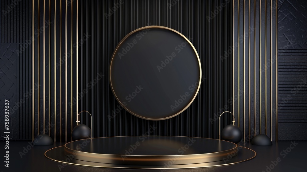 A luxurious black and gold room featuring a stunning round mirror. Ideal for interior design concepts A luxurious black and gold room featuring a stunning round mirror. Ideal for interior design concepts