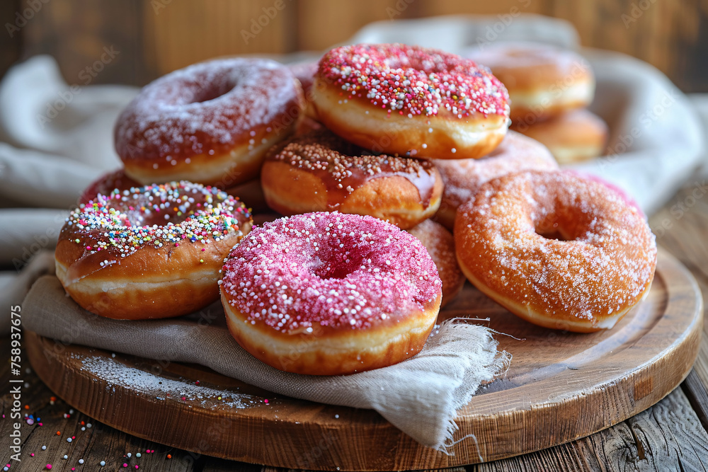 pink donuts, one on top of the other. Everyone has a different topper icing, colorful sprinkles