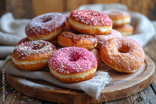 pink donuts, one on top of the other. Everyone has a different topper icing, colorful sprinkles