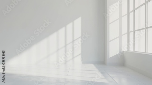 A white room with a large window, perfect for showcasing products or interior design concepts