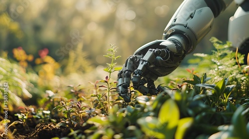 Precision Agriculture with Advanced Robotic Arm, Nurturing Lush Green Plants in Sunlight