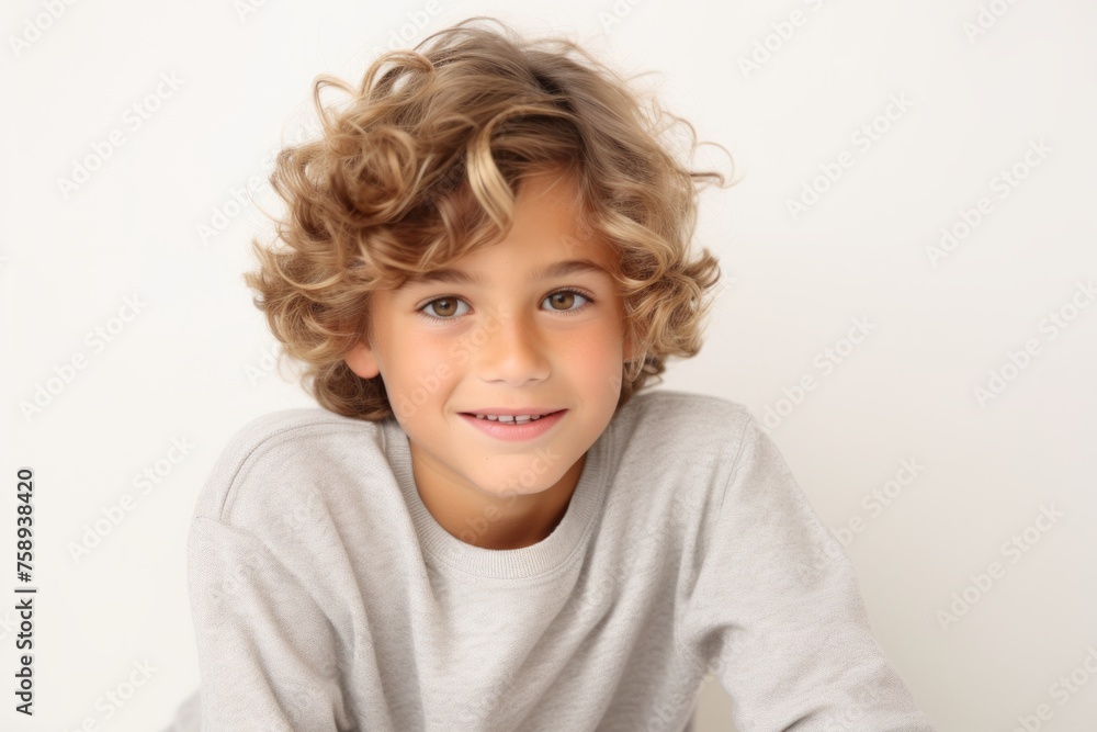 Portrait of a cute little boy with blond curly hair on a white background Portrait of a cute little boy with blond curly hair on a white background