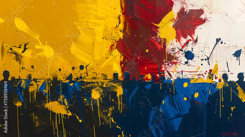 Abstract painting of the football game El Clasico, colorful, bursting with the colors of both teams, white and gold, blue and maroon. photo