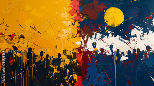 Abstract painting of the football game El Clasico, colorful, bursting with the colors of both teams, white and gold, blue and maroon. photo