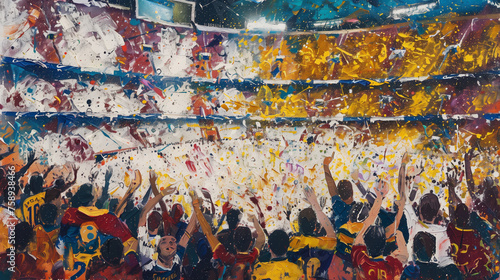 Painting of the football game El Clasico, colorful, bursting with the colors of both teams, white and gold, blue and maroon. photo