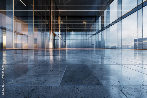Horizontal view of empty cement floor with steel and glass modern building exterior. 
