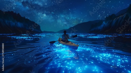 A man in a canoe on the water at night, AI