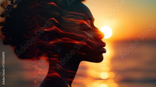 A woman with her hair blowing in the wind. Suitable for beauty or nature concepts photo