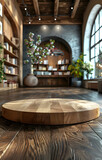 Wooden Round Podium in Modern Coffee Shop and Art Gallery Interior: A Luxury Centerpiece with Intricate Detail