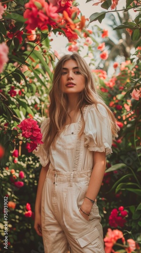 A woman in overalls standing next to a bunch of flowers, AI