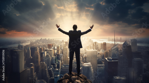 Skyline Success: Silhouetted figures with outstretched arms against the city skyline at sunset, embodying the concept of success and freedom
