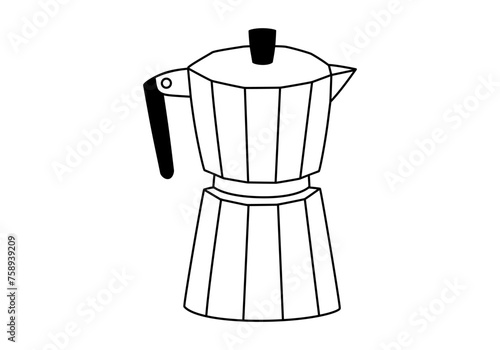 Hand drawn cute outline illustration of camping geyser coffee maker. Flat vector outdoor hot drink kitchenware sticker in line art doodle. Tourism breakfast espresso icon. Adventure, hiking. Isolated.