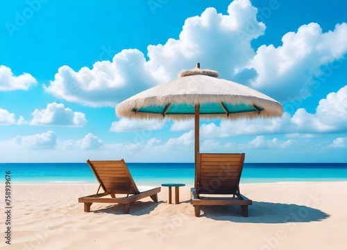  sun loungers under a straw parasol on a sandy beach with clear blue sky and ocean in the background. 