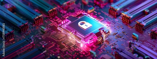 secure connection or cybersecurity service concept of compute motherboard closeup and safety lock with login and connecting verified credentials as wide banner design - 