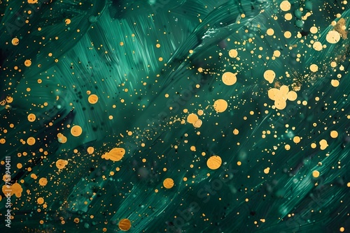 Golden Speckles Adorning a Rich Emerald Green Background A Vibrant Abstract Pattern