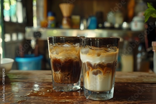 Iced Coffee Delights Two Alluring Glasses of Ca Phe Sua Da and Creamy Latte in a Cozy Cafe Setting