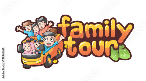 cartoon illustration of a family riding in a car or together with additional text Family Tour