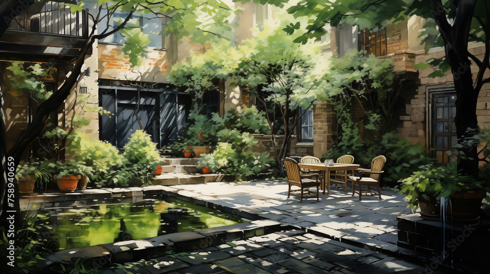 Watercolor illustration of A serene courtyard with lush greenery and a calm reflecting pool, offering an intimate setting for relaxation in the heart of the city. Watercolor illustration of A serene courtyard with lush greenery and a calm reflecting pool, offering an intimate setting for relaxation in the heart of the city.