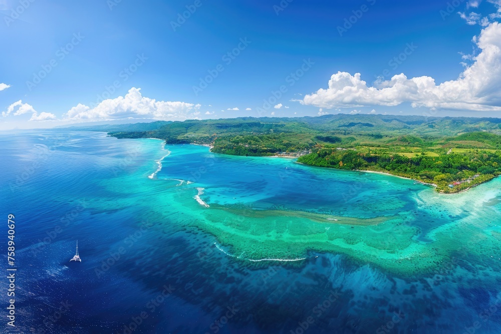 A stunning aerial view of an isolated island in the vast ocean. Perfect for travel and nature concepts