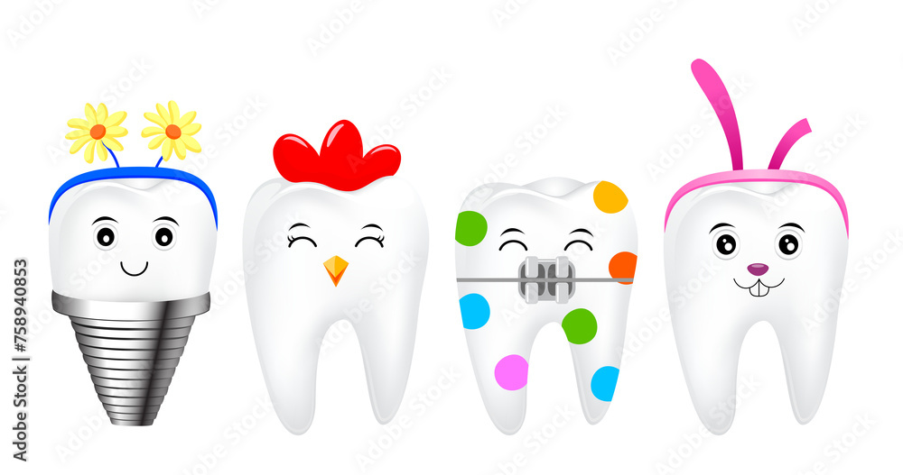 Set of Easter tooth character design. Funny dental cartoon. Happy Easter holiday concept. Illustration. Set of Easter tooth character design. Funny dental cartoon. Happy Easter holiday concept. Illustration.