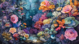 Vibrant coral reef life is vividly portrayed in a watercolor painting depicting a rich underwater scene.