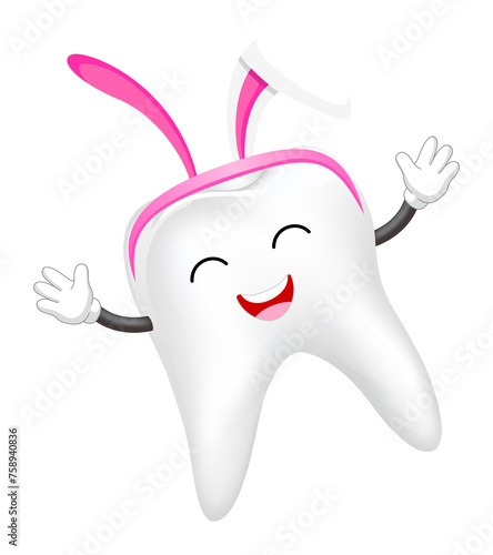 Cute cartoon tooth characters with rabbit ears decoration. Dental care concept. Happy Easter day. Bright smile for easter illustration.