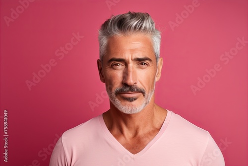 Portrait of mature man with grey hair and beard on pink background