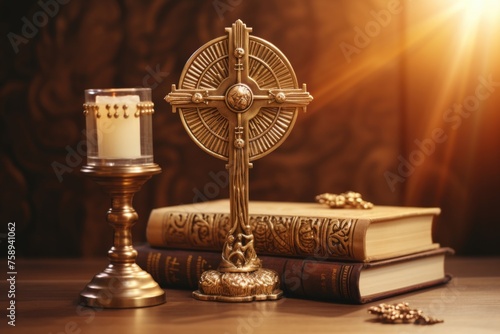 Religious items on a table, suitable for church or spiritual concepts photo