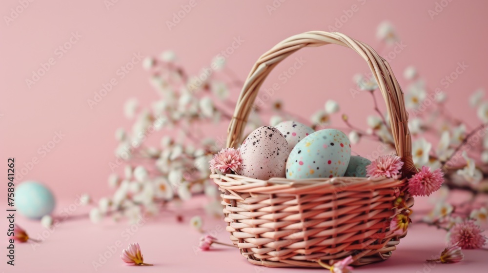 Easter eggs in a basket, background Easter eggs in a basket, background