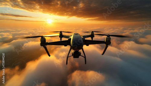 Closeup of an unmanned military black drone flying in the sky above the clouds at sunset or sunrise. Military reconnaissance drone concept. Generative Ai.