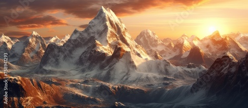 mountains, morning sunlight. Illustration of a panoramic view, fog silhouette with mountain peaks covered in snow