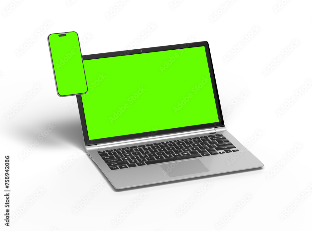 3D Render of laptop and phone with green screen on a light background 3D Render of laptop and phone with green screen on a light background