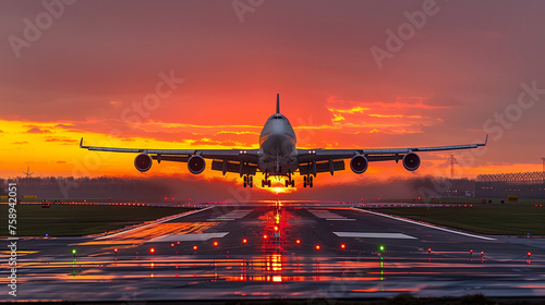 Commercial Airplane Landing on Runway at Dusk Against a Vibrant Sunset Sky