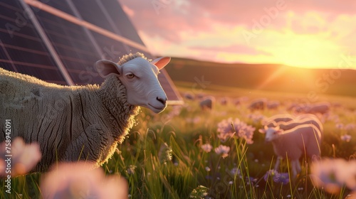 imagine a meadow with a solarpanel. the solarpanel is clearly visible and in focus. there are sweet sheep around it and close up. photo