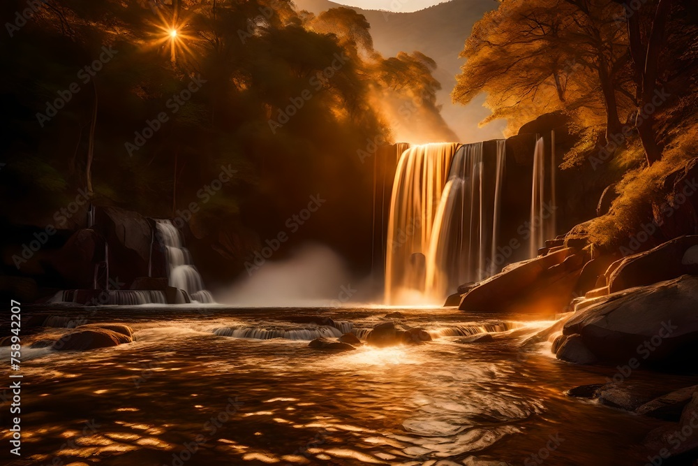 A cascading waterfall, captured at sunset, casting a warm golden glow over the entire landscape